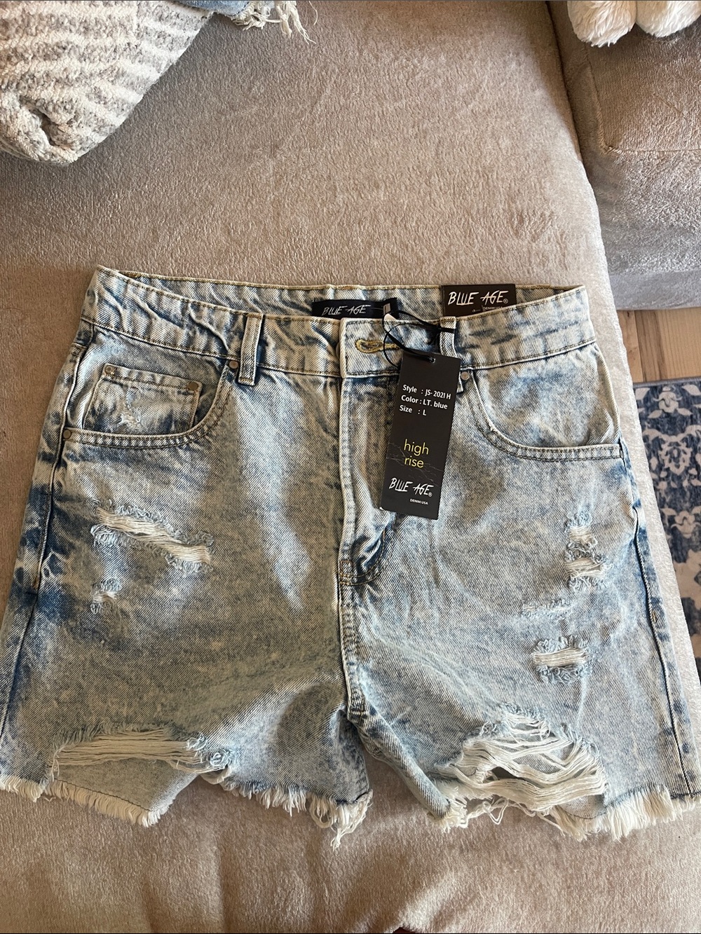 Blue Age High-Rise Light Blue Distressed Denim Shorts